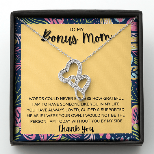Bonus Mom Double Heart Necklace with Sentimental Message Card | Message Card Jewelry Gift for Bonus Mom | Step Mom Gift |