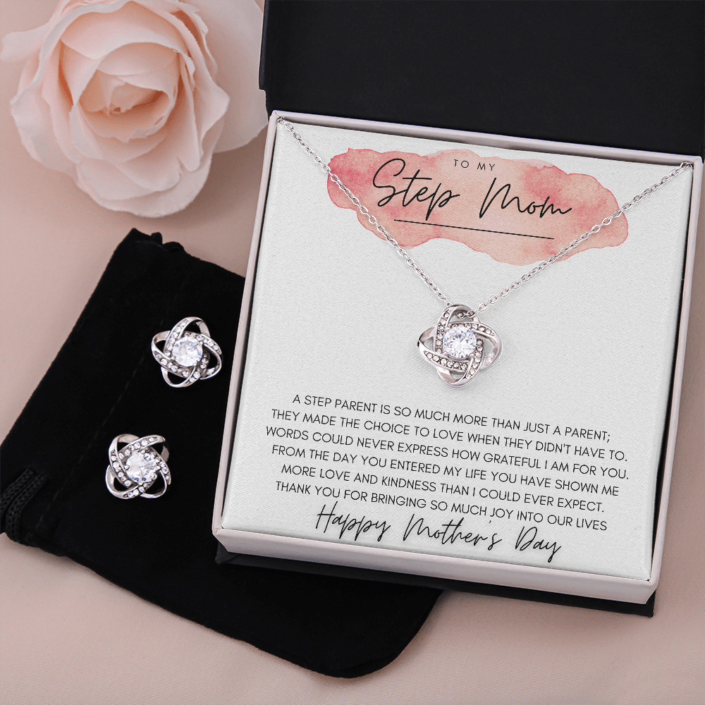 To my Step Mom Gift | Love Knot Earrings & Necklace Set with Message Card | Message Card Jewelry Gift from Step Daughter | Mother's Day Gift