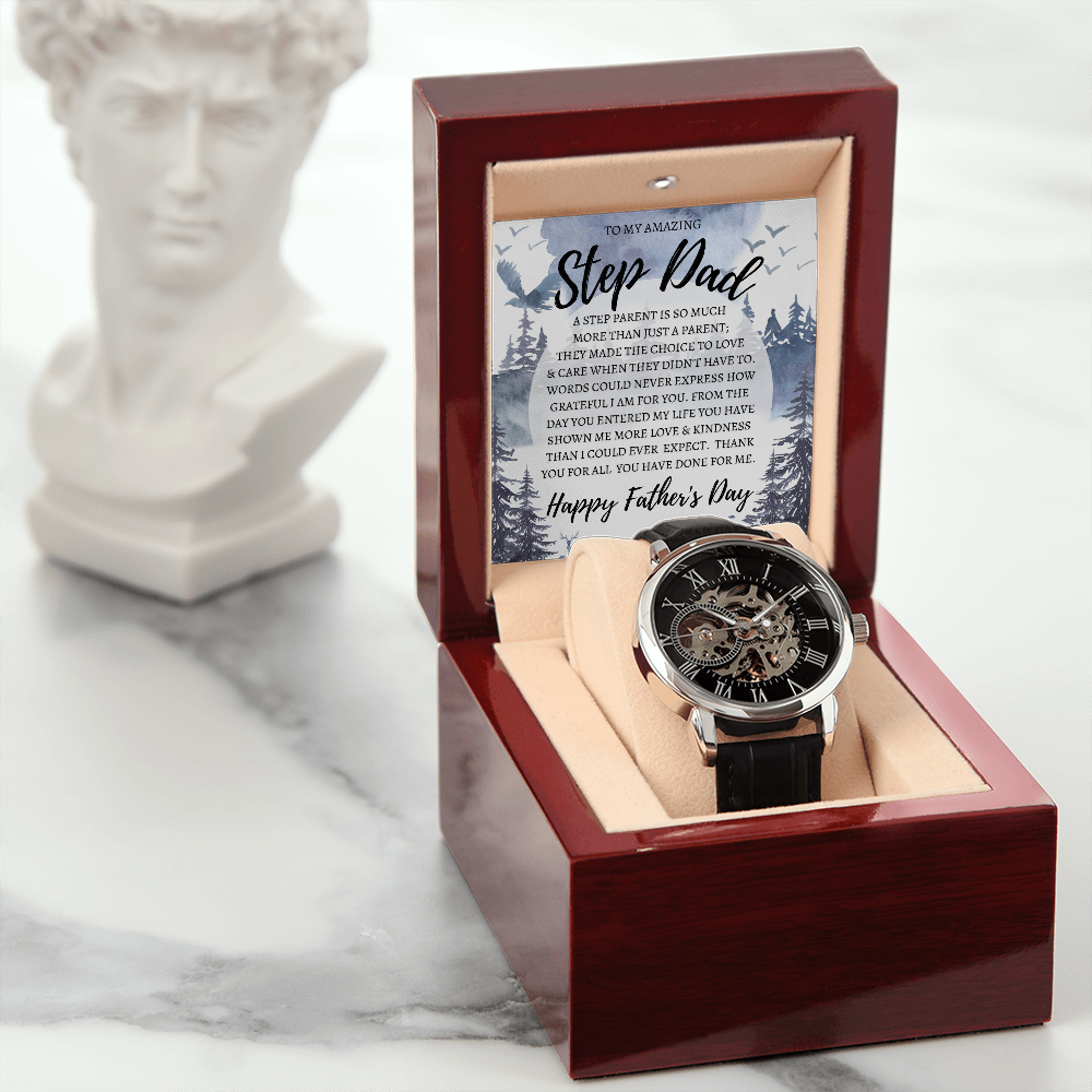 Step Dad Gift | Step Dad Father's Day Gift | Step Dad Message Card Jewelry | Openwork Automatic Watch in Wood Watch Box | Step Dad Card