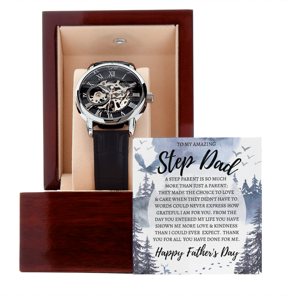 Step Dad Gift | Step Dad Father's Day Gift | Step Dad Message Card Jewelry | Openwork Automatic Watch in Wood Watch Box | Step Dad Card