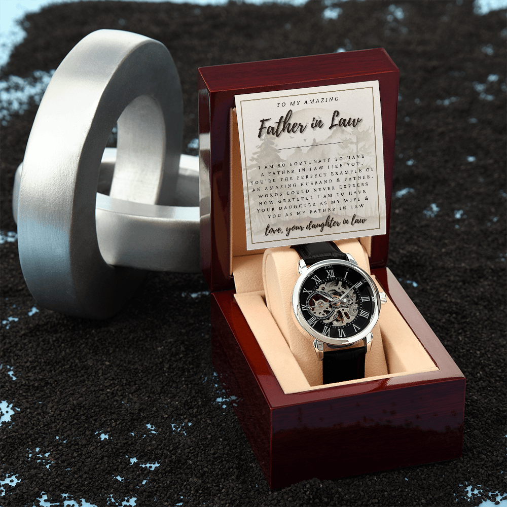 Father in Law Gift | Automatic Openface Watch in Wood Watch Box Gift |  Father of the Groom Gift from Bride | Father in Law Wedding Gift