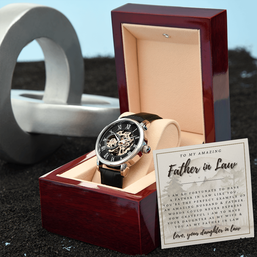 Father in Law Gift | Automatic Openface Watch in Wood Watch Box Gift |  Father of the Groom Gift from Bride | Father in Law Wedding Gift