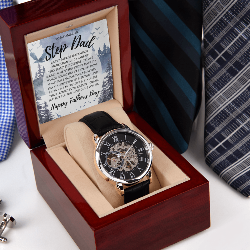 Step Dad Gift | Step Dad Father's Day Gift | Step Dad Message Card Jewelry | Openwork Automatic Watch in Wood Watch Box | Step Dad Card