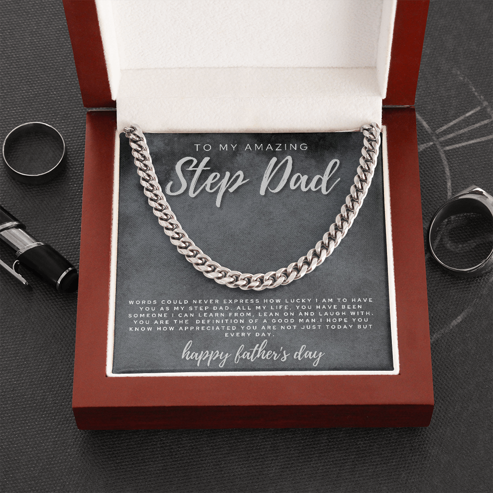 Step Dad Gift | To My Step Dad Father's Day Gift | Father's Day Message Card Jewelry | Step Dad Gift from Step Kids | Cuban Link Chain Gift