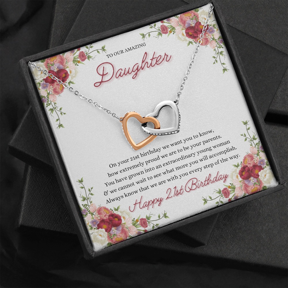 To Our Daughter - 21st Birthday Gift | Interlocking Heart Necklace with Message Card | Message Card Jewelry from Parents