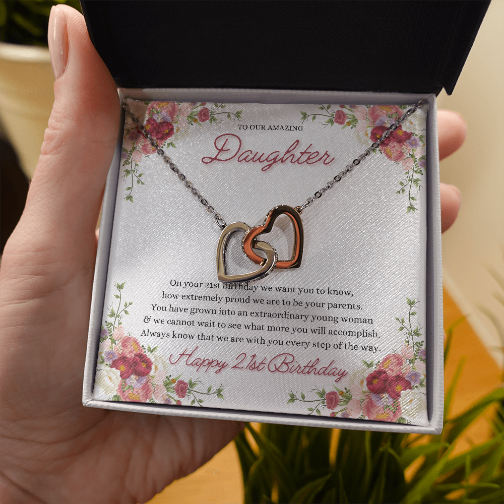 To Our Daughter - 21st Birthday Gift | Interlocking Heart Necklace with Message Card | Message Card Jewelry from Parents